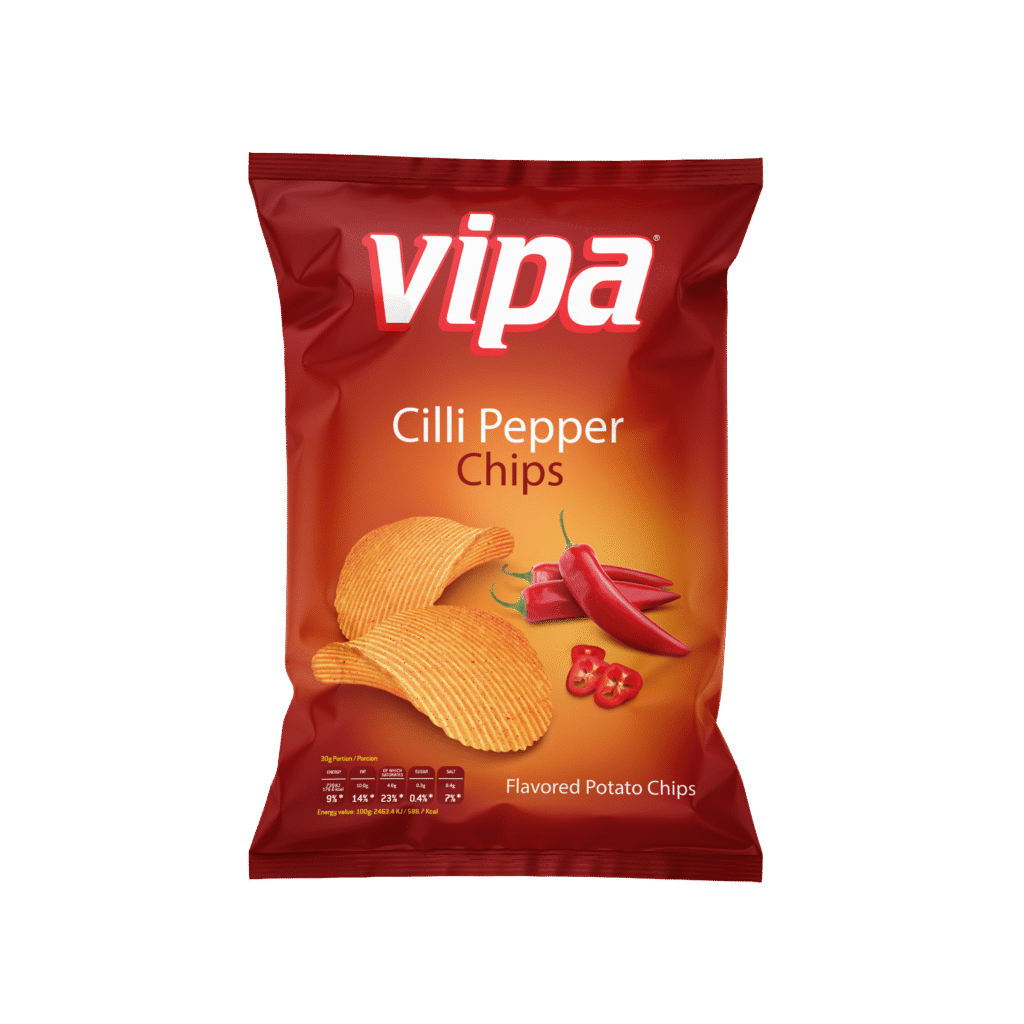 A centered red snack package showing potato chips and red chili peppers, isolated against a dark background.