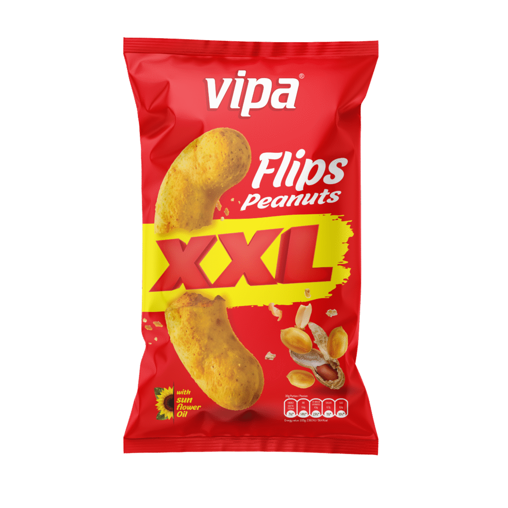 Front-facing red snack bag with oversized peanut-shaped snacks, peanuts, and bold yellow-and-red lettering; isolated against a dark background.