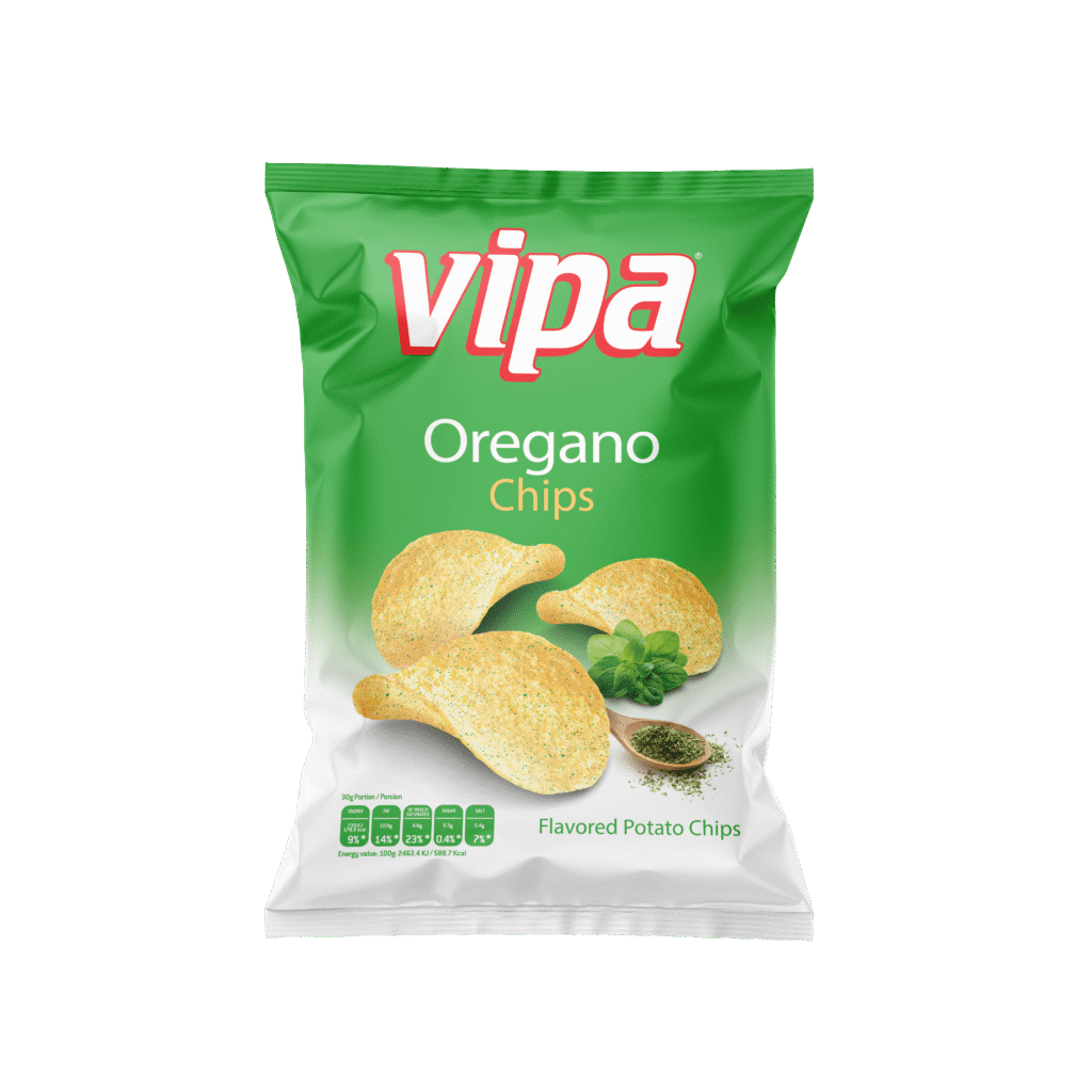 A centered green-and-white snack package showing potato chips and oregano, isolated against a dark background.