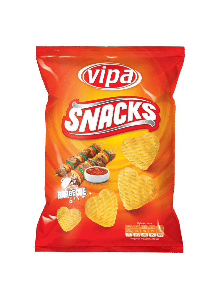 Front-facing red snack bag with heart-shaped crisps, skewered food, dipping sauce, and large product lettering; isolated against a dark background.