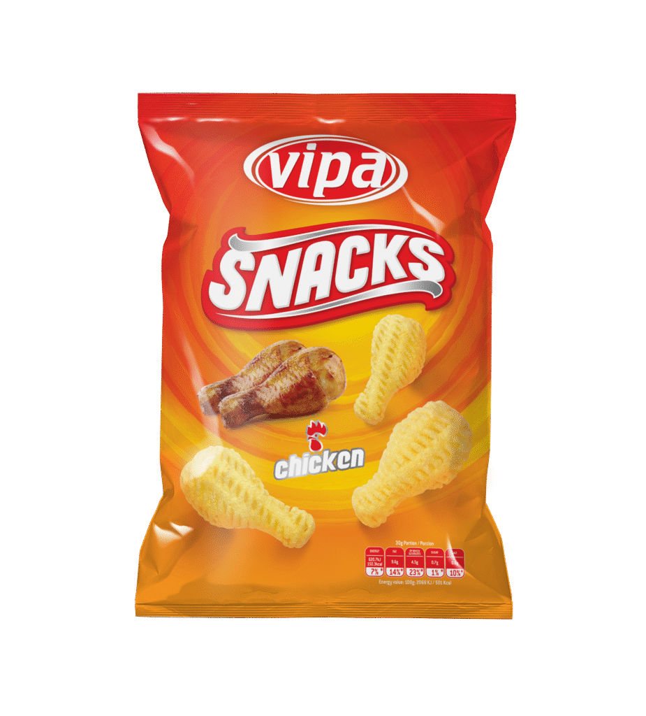 Front-facing orange snack bag showing ridged crisps, a grilled chicken image, and large product lettering; isolated against a dark background.