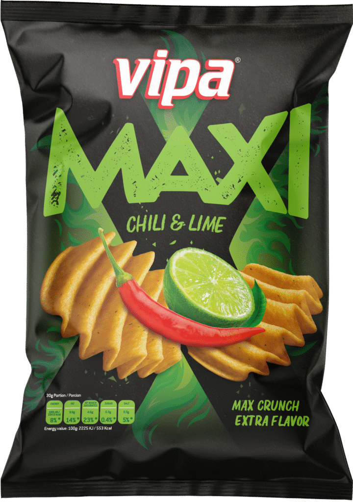 A centered black snack package showing ridged chips with chili, lime and a red pepper, presented against a dark background.